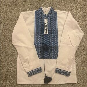 Ukrainian Vyshyvanka , White Shirt with Blue Embroidery